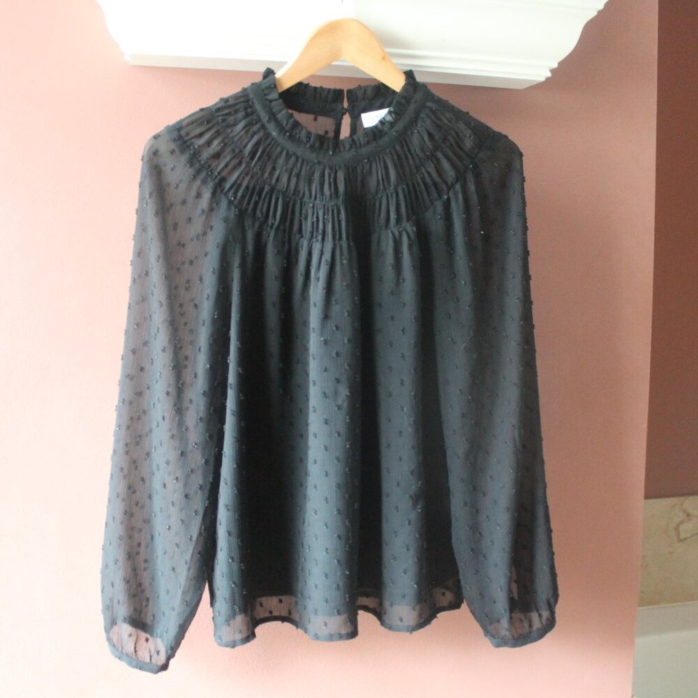 J. Crew Swiss Dot Blouse Long Sleeve sz M Ruffle neck